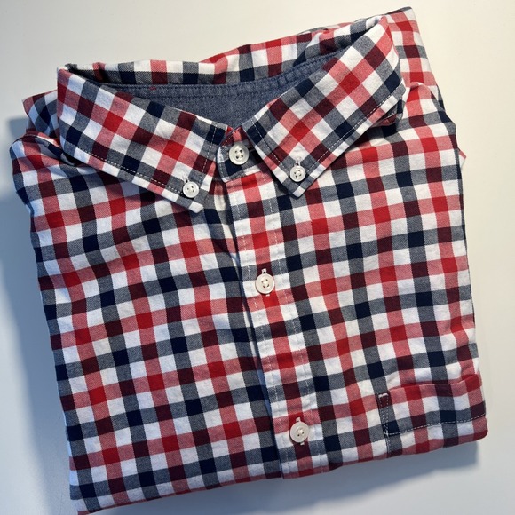 Express Shirt Soft Wash Long Sleeve Plaid Button Up Mens Medium EUC Red Navy - Picture 1 of 9